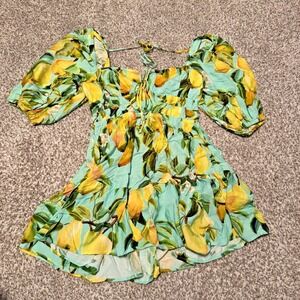 Farm Rio Medium Green Lemon Boho Balloon Short Sleeve‎ Romper New Ruffle Stretch